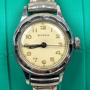 Vintage Buren Watch Silver Tone Cream Dial Arabic Numerals Expansion Band Tested